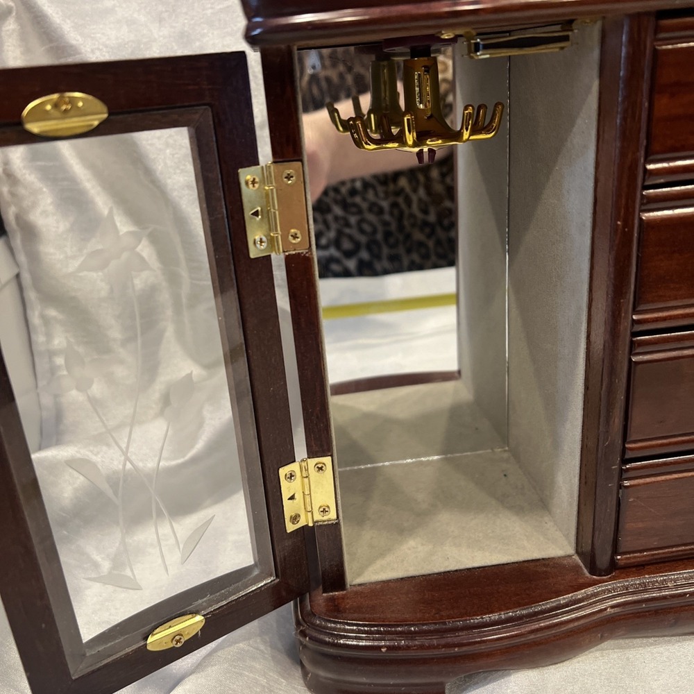 Large Vintage Lift Top Wooden Jewelry Box Etched Glass Doors- 4 Drawers 13.5x11 - Picture 5 of 16
